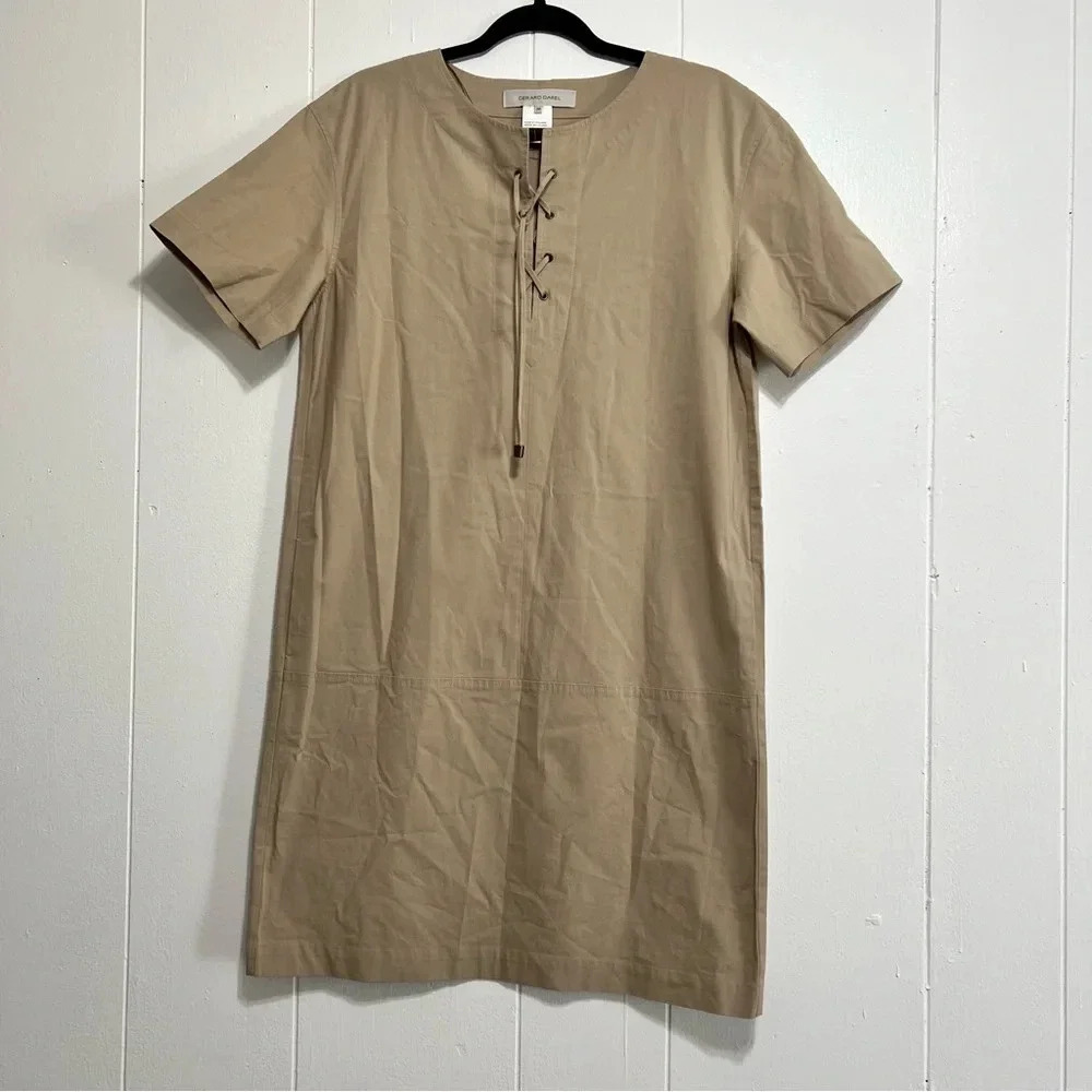 Gerard Darel Khaki Tan Shirt Dress Lace Up Front Cotton 38 M Medium Lagenlook